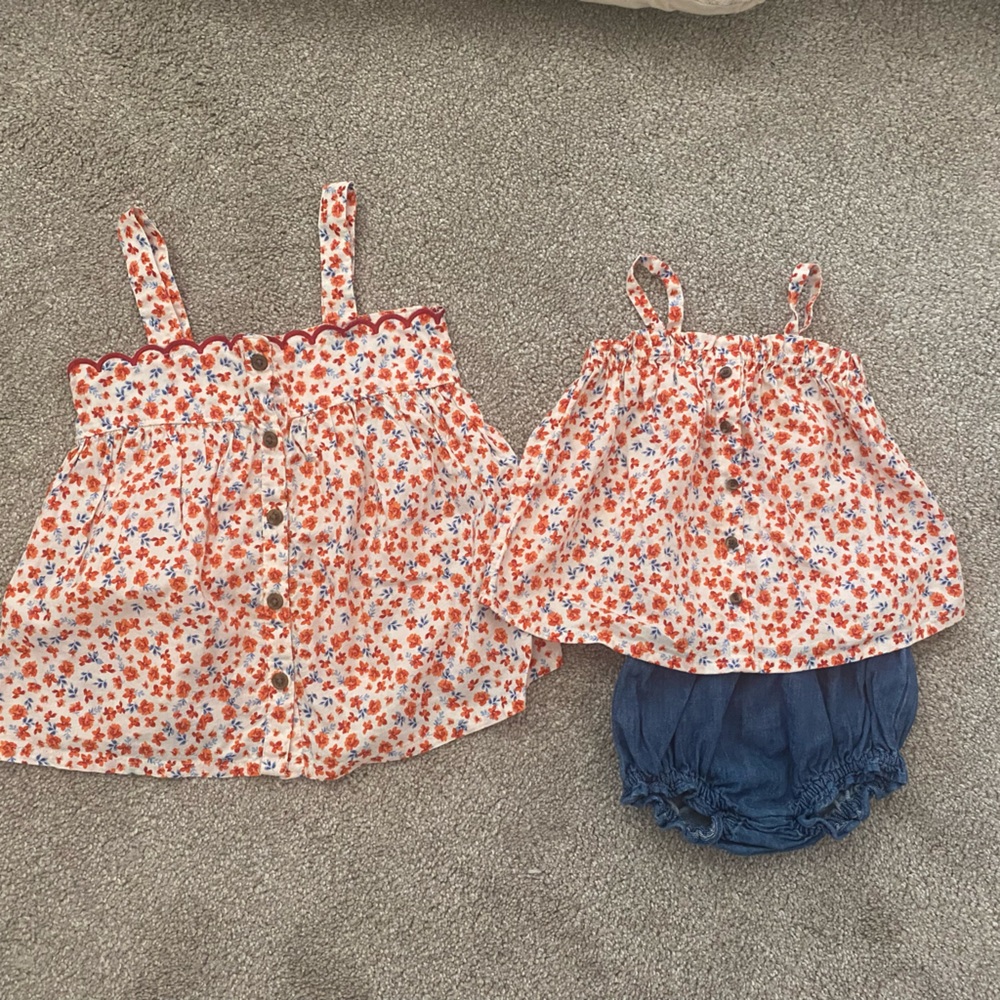 Matching Big sister/little sister red, white and blue ensembles.